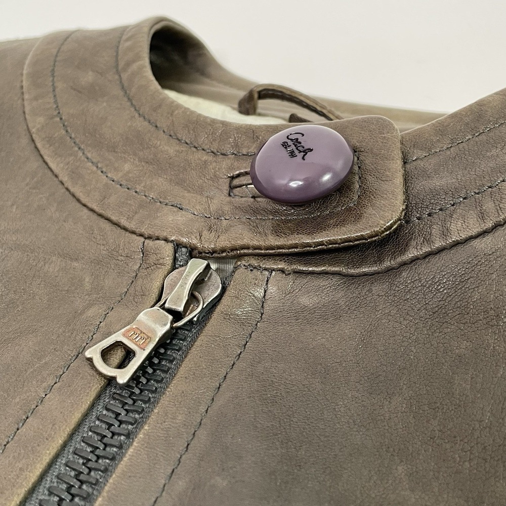 Coach Brown Leather Mid Jacket Womens Size 2 Distressed Zippers Made in Turkey - Picture 3 of 16